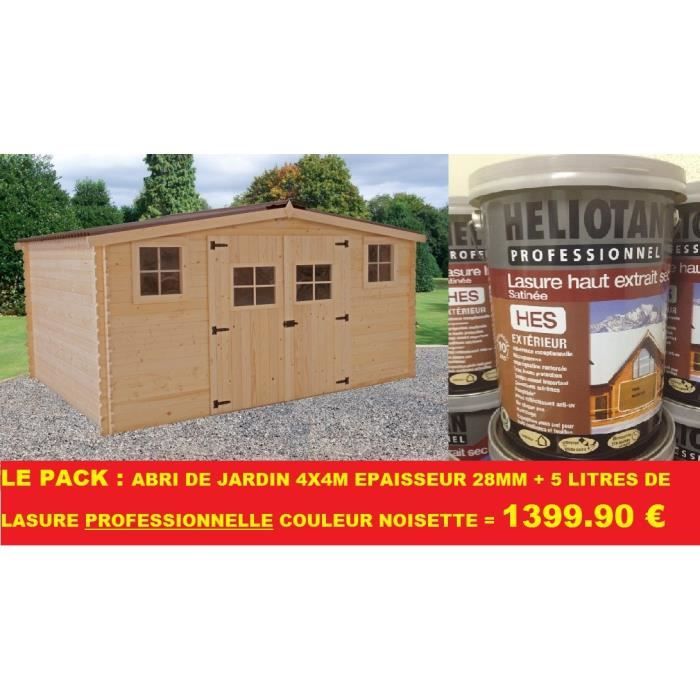 Abri de jardin 4x4m, ép. 28mm, + 5 Litres de lasure Pro Cdiscount Jardin — free download