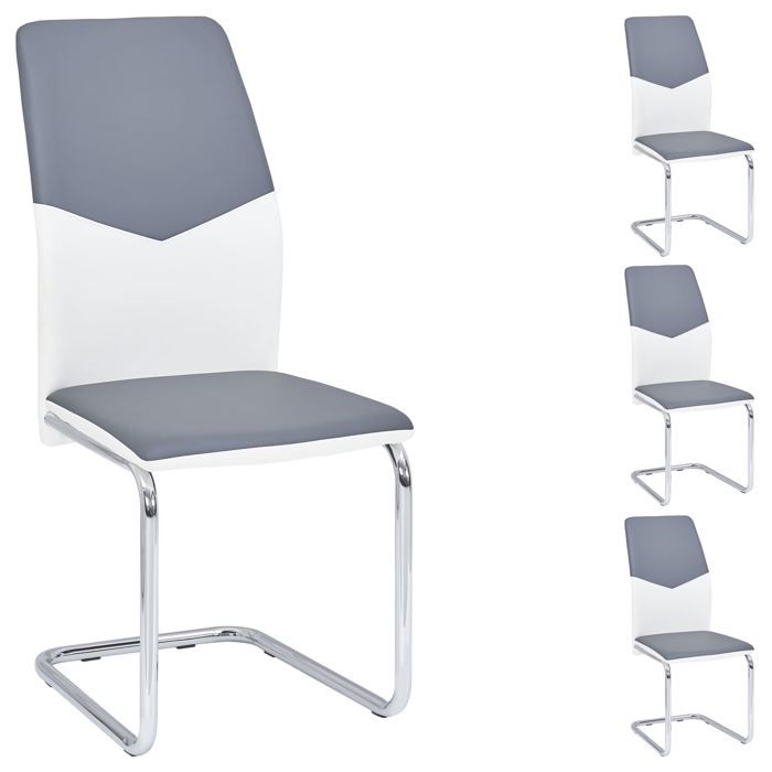 Lot de 4 chaises de salle à manger LEONA piètement chromé revêtement synthétique bicolore blanc et gris Lot de 4 chaises de salle à manger LEONA piètement chromé revêtement synthétique bicolore blanc et gris