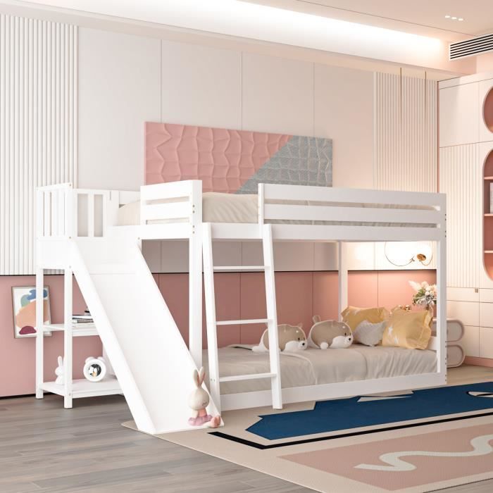lit superposé misnode 90×200 cm, lit enfant, avec toboggan et étagère de rangement, échelle, garde-corps, pin naturel, blanc
