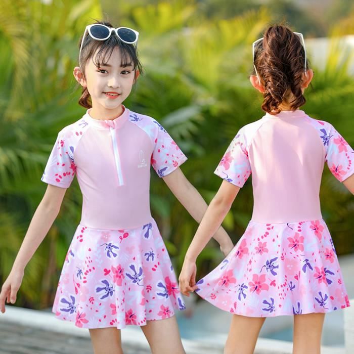 Maillot de Bain Fille 1 Pièce Manches Courtes Vêtement de Natation