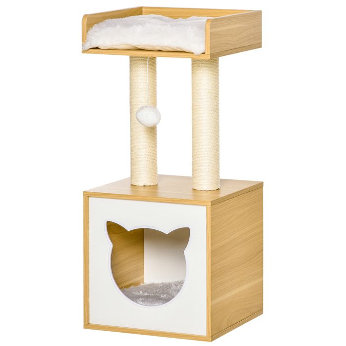 Arbre à chat - PawHut - griffoir arbre à grimper niche maison plateforme supérieure balle - peluche - hauteur 81 cm