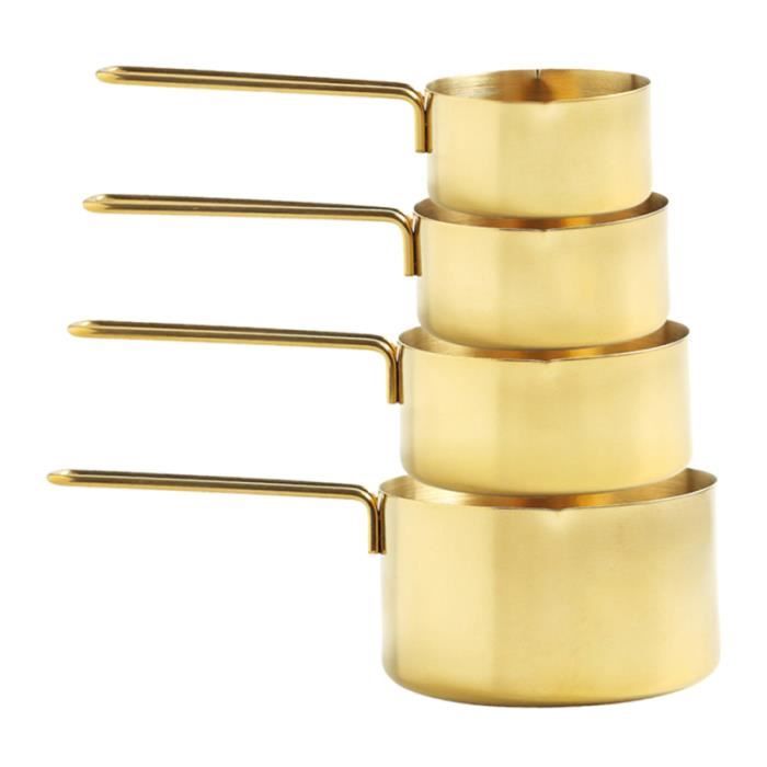 Lot De 4 Tasses Et Cuillères à Mesurer En Acier Inox - Manche Bois, Poli Miroir, Pour Cuisine Et Pâtisserie