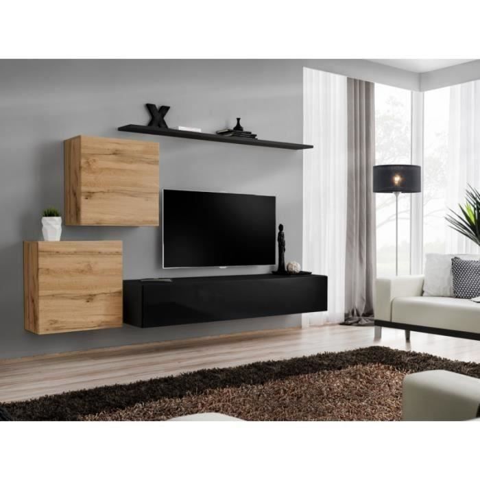 meuble tv mural - price factory - switch v - noir brillant - chêne wotan - 3 portes - 250 cm