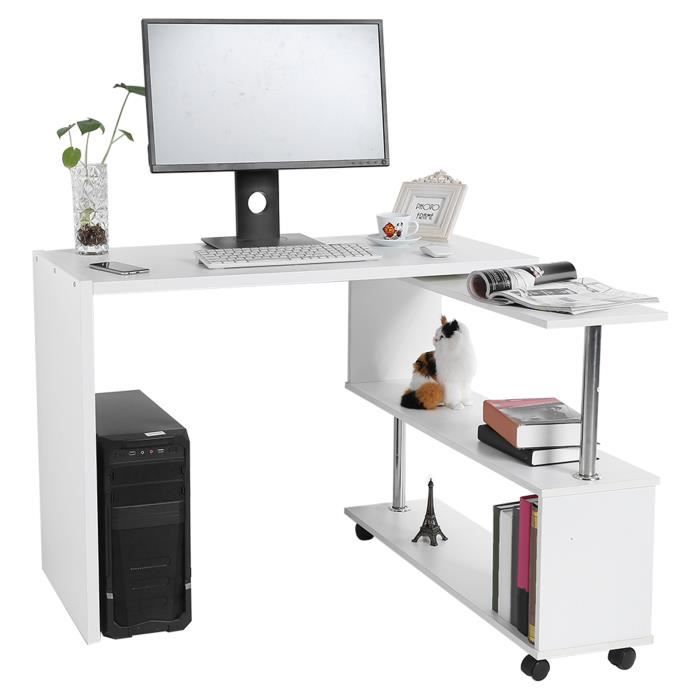 lex bureau d'ordinateur d'angle pivotant à 360 degrés avec huche - qqmora - blanc - carton + abs + fer - 100 x 48 x 75 cm