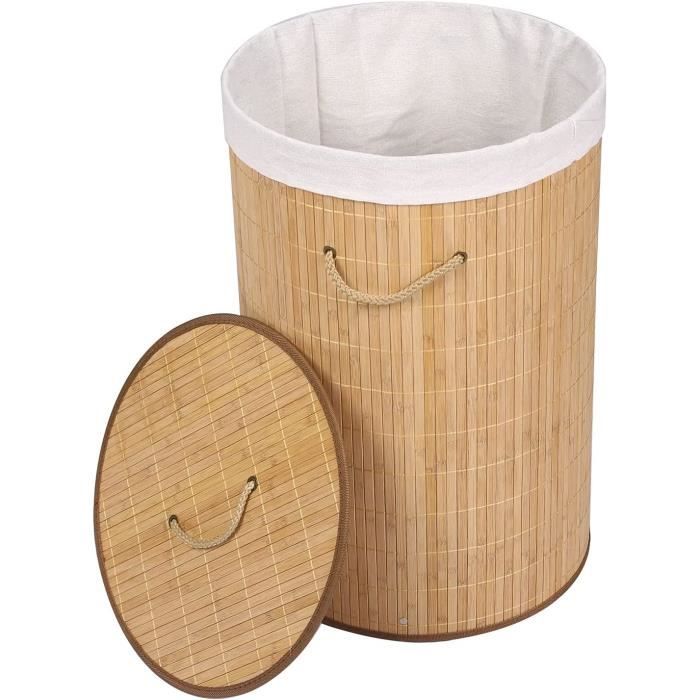 Wiltec Panier à linge Pliable Bambou Marron 150L Sac en lin Corbeille