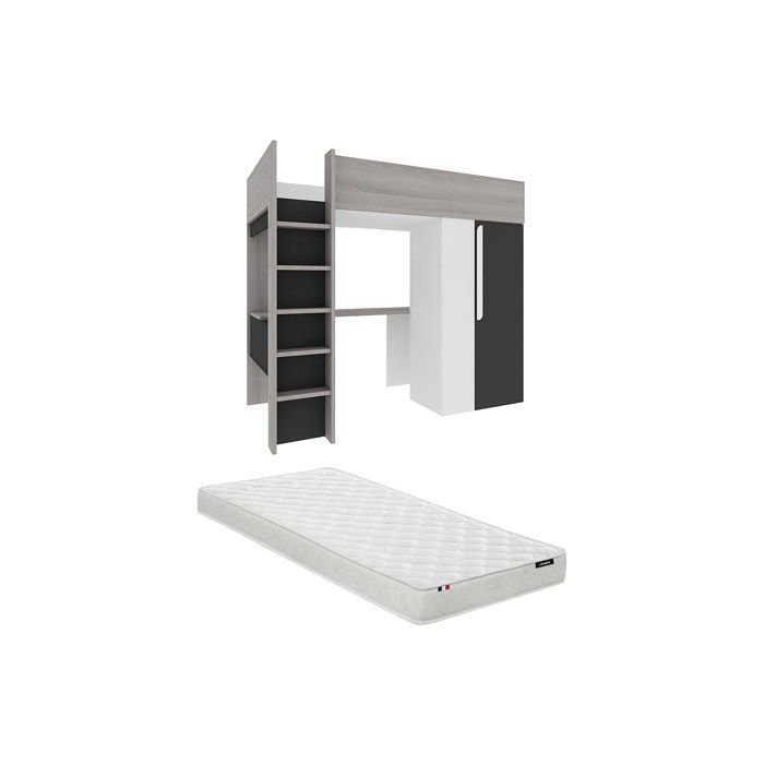Lit mezzanine 90 x 200 cm avec armoire et bureau - Anthracite et blanc + matelas - NICOLAS II