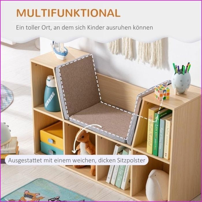 Bibliothèque pour Enfants avec Banc - HOMCOM - 6 Compartiments, 3 Coussins, Rangement Jouets - Gris Naturel - Puériculture & Eveil bébé Bibliothèque pour Enfants avec Banc - HOMCOM - 6 Compartiments, 3 Coussins, Rangement Jouets - Gris Naturel - Puériculture & Eveil bébé