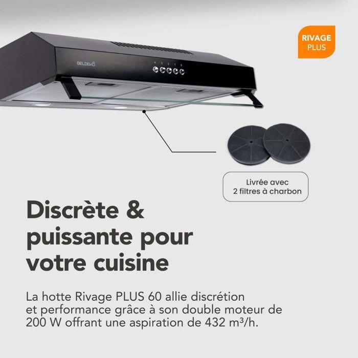 Hotte Aspirante Casquette Beldeko 60 Cm - Double Moteur 200W - Débit 435 M³/h - Noir