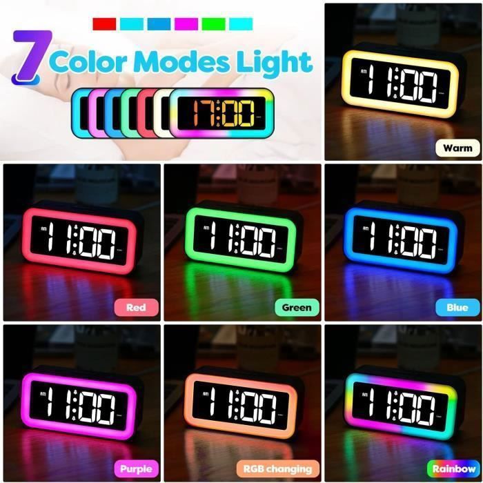 Réveil Numérique Double Alarme Lumineux - 8 Couleurs LED - Ports USB - Horloge Pour Ado Enfant