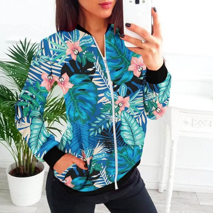 Minetom Veste en Dentelle Femme Chic Motard Bomber Blouson Court des fleurs Printemps Automne Zippee Legere Col Montant De Sport 8 bleu Cdiscount Pret a Porter