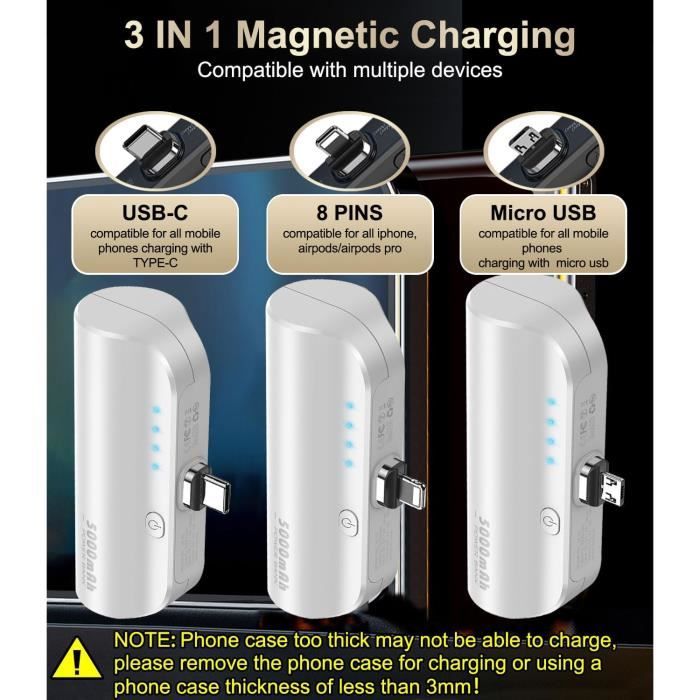LUCKYDUO Mini Batterie Externe 5000mAh, 3 en 1 Magnétique Chargeur