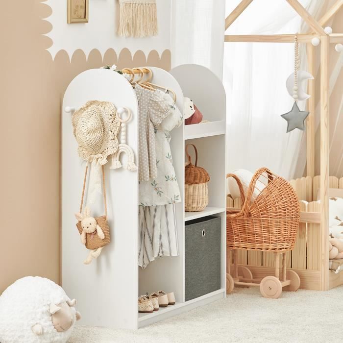 HOMCOM Porte-vêtements pour enfants 3-8 ans porte-manteau avec étagère supérieure/inférieure barre de penderie pin 2 patères meuble chambre d' enfant panneaux MDF 63 x 37 x 103 cm blanc