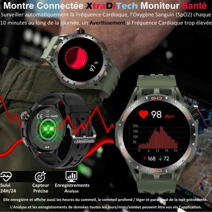 Montre Connectée BENYAR SMART Military - Écran AMOLED 1.43" - Appels Bluetooth, Fréquence Cardiaque, SpO2 - 120 Modes Sport - IP68 - Avec 3 Bracelets (acier, Silicone, Cuir)