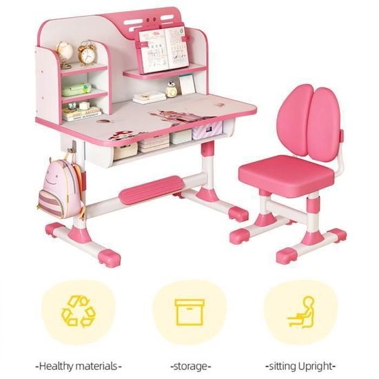 Bureau Enfant Réglable Avec Chaise Vinteky – Plateau 70x46cm, Hauteur Ajustable 41-48cm, Tiroir, Support Livre, Charge 80kg, âge 3-12 Ans