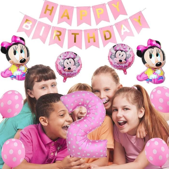 Kit de ballons Minnie pour fille de 2 ans, décoration de fête  d'anniversaire avec bannière Happy Birthday, Minnie enfant 1ère 2ème  anniversaire