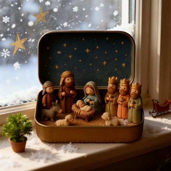 Crèche De Noël Miniature - Boîte En Fer Blanc Avec Figurines En Résine - 9.5x6 Cm - Décoration Religieuse Maison - 5