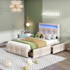 JAERLIUB Lit Coffre 90x200cm avec LumièRe LED Lit Simple 2 Tiroirs Coussin En Lin Doux Pour La Peau Lit Enfant, Beige
