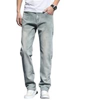 Jeans Homme Coupe Droite Stretch Classique 5 Poches Casual Pantalon En Denim Effet Délavé Et Blanche - Bleu Clair