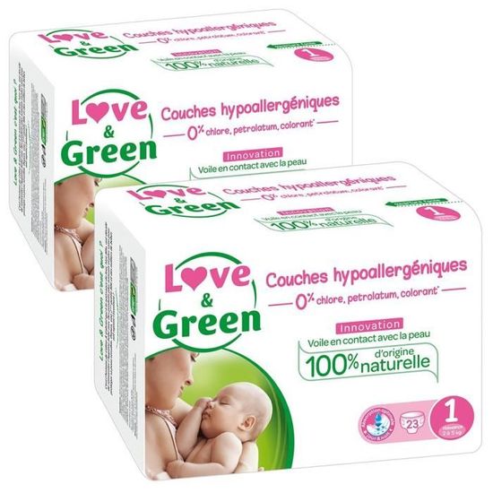 Love & Green - Couches Bébé Hypoallergéniques 0% - Taille 1 (2-5 kg) - Lot  de 2 x 23 couches (46 couches) - Cdiscount Puériculture & Eveil bébé