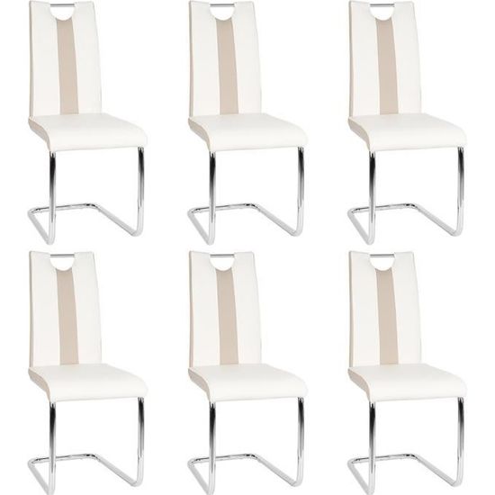 Chaises de salle à manger en cuir Simili - Lot de 6 - Style contemporain - Blanc et beige