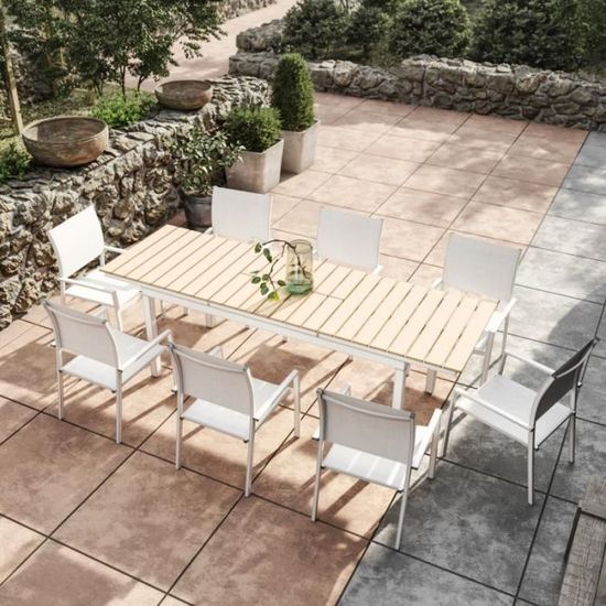 Table de jardin extensible aluminium blanc effet marbre 180/240cm