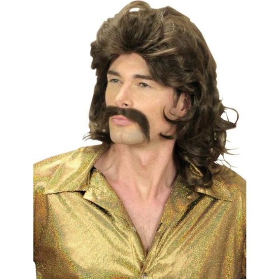 Topcosplay Perruque Afro Funky Années 70 Marron - Perruque Homme Cheveux Bouclés + Accessoires