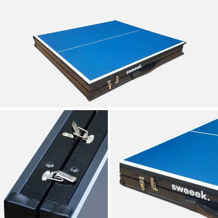 Mini Table De Ping Pong 150x75cm - table pliable INDOOR bleue, avec 2 raquettes et 3 balles, valise de jeu