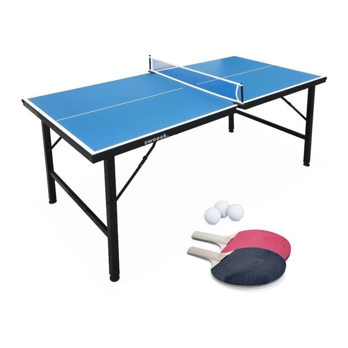 Mini Table De Ping Pong 150x75cm - table pliable INDOOR bleue, avec 2 raquettes et 3 balles, valise de jeu