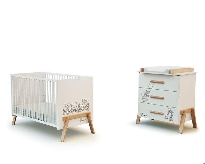 AT4 - Duo Lit Bébé et Commode CANAILLE Winnie Blanc et Hêtre