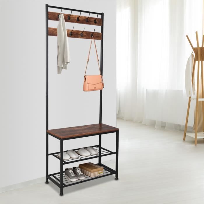 Meuble d'Entrée Vestiaire avec Etagère à Chaussure 2 in 1 Style Industriel Porte-Manteaux - 70x32x175cm