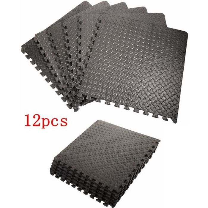 Ensemble de 12 Dalles Carrées EVA - Tapis de sol, Sport, Gymnastique, Yoga, Tapis Puzzle Antidérapant Mousse Noir 63*63CM