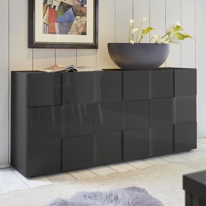Buffet 3 portes design gris laqué brillant DOMINOS 2 L 181 x P 42 x H 84 cm Gris