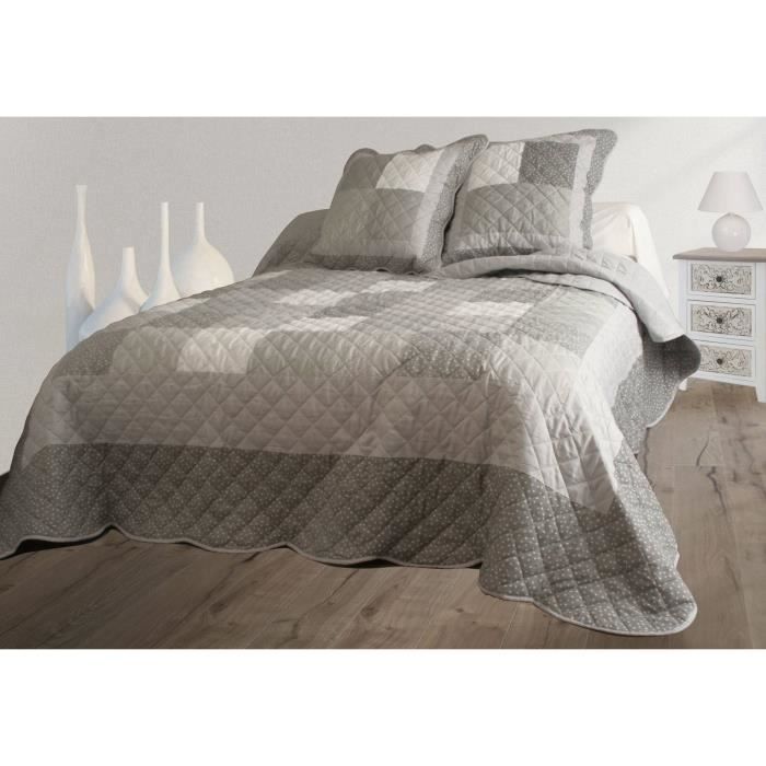 Couvre-lit boutis + 2 taies - 2 personnes - 230x250 - Patchwork gris