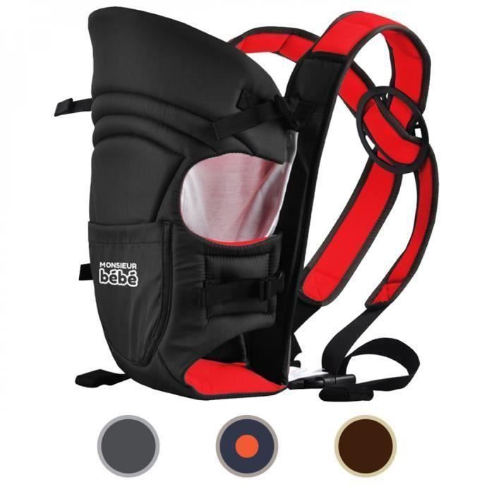 Porte bébé ventral 2 positions + poche de rangement - Noir et rouge