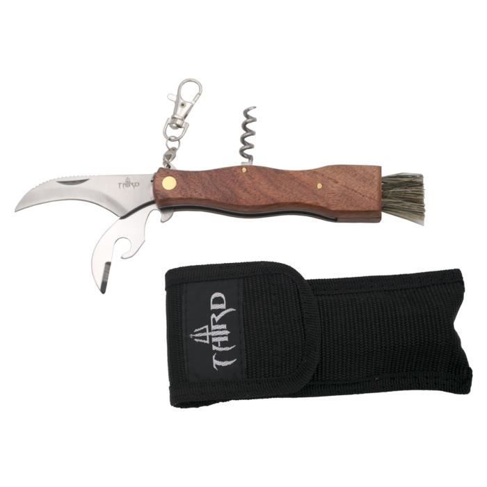 Couteau Third manche en bois K1279, lame en acier inoxydable de 7,8 cm, avec porte-clés, tire-bouchon, ouvre-bouteille et brosse.