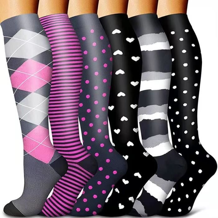 6 paires de bas de compression pour femmes et hommes, chaussettes de compression colorées pour course,Exercice,Fitness,Cyclisme