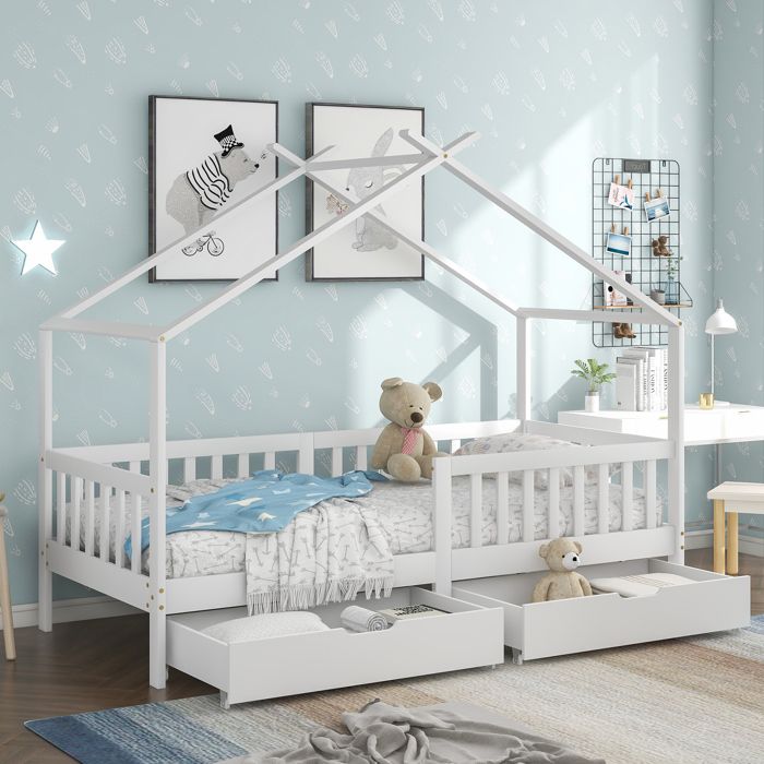Lit Enfant Blanc 200x90 Cm - Belle Maison Bois Massif 2 Tiroirs - Cadre Lattes Sécurité Anti-Chute - Adolescent Bébé - Sans Matelas Lit Enfant Blanc 200x90 Cm - Belle Maison Bois Massif 2 Tiroirs - Cadre Lattes Sécurité Anti-Chute - Adolescent Bébé - Sans Matelas