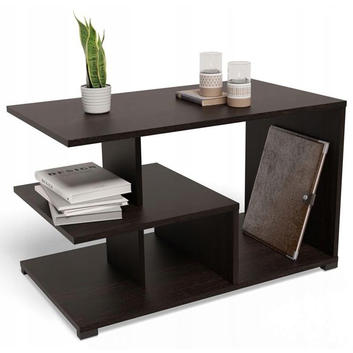 Table Basse TEXAS Wengé - Table de salon avec 2 étagères - 90x51x55 cm