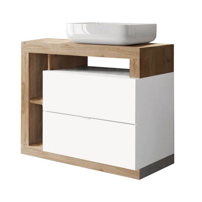 ARTURO - Meuble Vasque 92cm 2 tiroirs blanc laqué et aspect bois finition Cadiz ARTURO - Meuble Vasque 92cm 2 tiroirs blanc laqué et aspect bois finition Cadiz