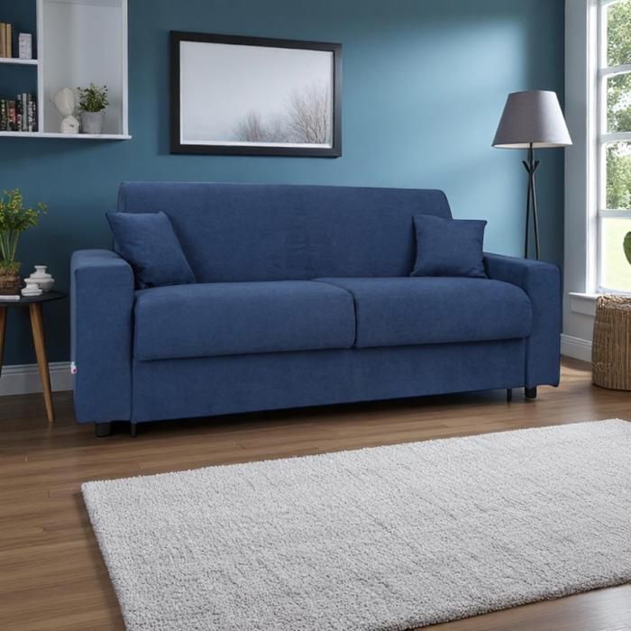 Canapé-lit 3 places déhoussable en tissu bleu avec matelas - ROLEN Canapé-lit 3 places déhoussable en tissu bleu avec matelas - ROLEN