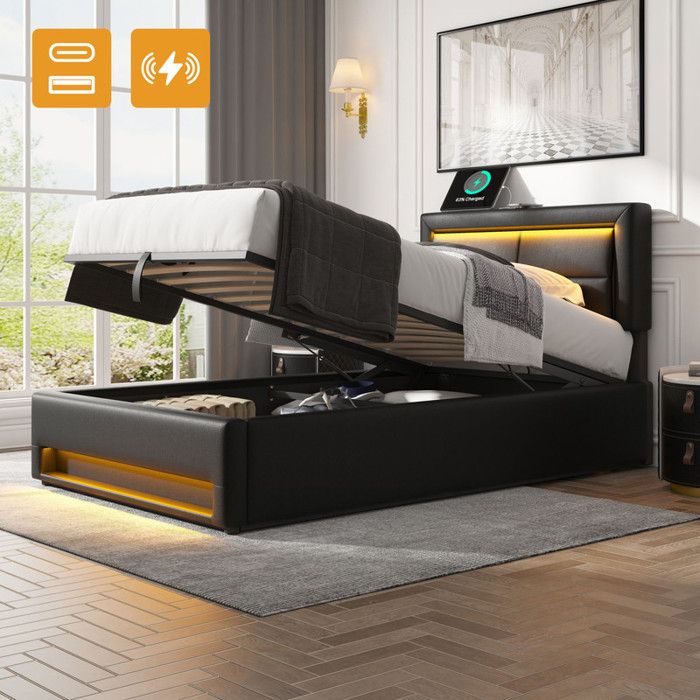 Lit capitonné 90 x 200 cm lit simple avec port USB éclairage LED et rangement - Noir