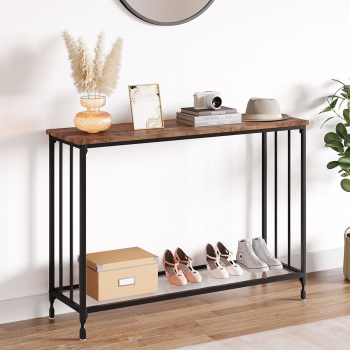 Console Meuble Entrée AFFI-CONSOLE TABLE CONOSLE DENTREE 85*30*81cm-EN VERRE ETAGERE-MARRON