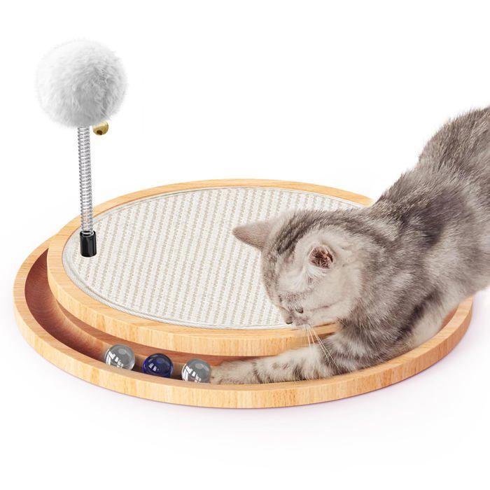 Comparer les prix de Tapis Griffoir pour Chat Sisal Naturel Plateau Tournant avec des Balles pour ChatsJouet Interactif pour Chat en Bois