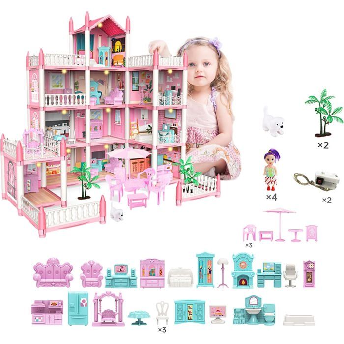 Maison de poupée Maison de poupée avec poupées et lumières Jouets pour filles Cadeau DIY pour enfants de plus de 6 ans
