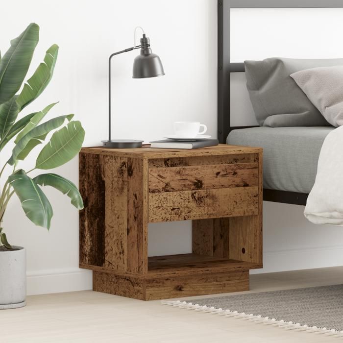 Table de chevet en bois massif récupéré 45x34x44 cm - 1 tiroir finition vieillie