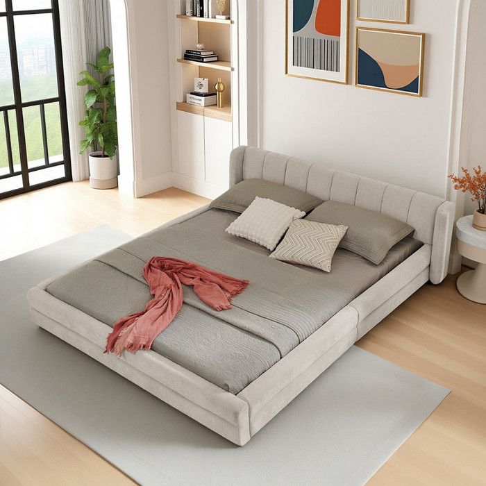 Lit double rembourré 140x200 cm avec dossier confortable Lit enfant avec cadre de lit en eucalyptus et fer Tissu chenille Beige