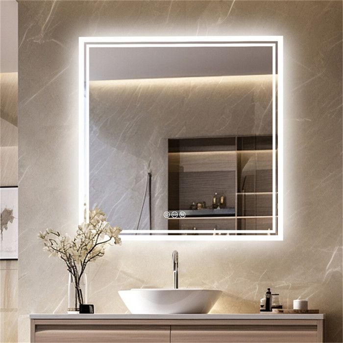 Miroir Carré Salle de Bain - Miroir avec Prise 80cm Diamètre Rétroéclairé Anti Buée Miroir LED Mural 3 Températures de Couleur