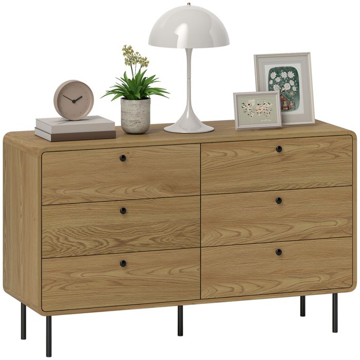 Commode - HOMCOM - 6 tiroirs - style moderne - avec coins arrondis et pieds en acier - 120 x 40 x 75 cm - effet bois de chêne