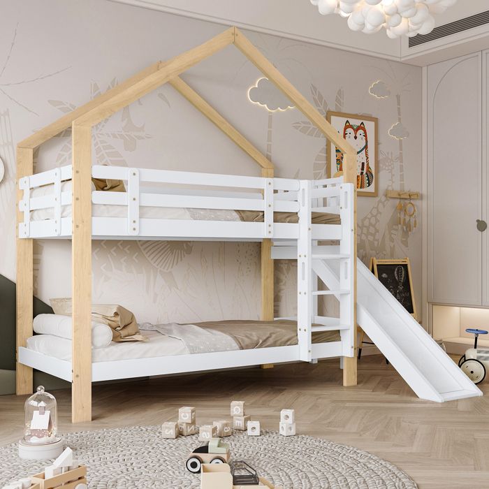 Lit superposé avec toboggan et échelle daccès en angle à trois marches lit de maison avec sécurité anti-chute lit denfant