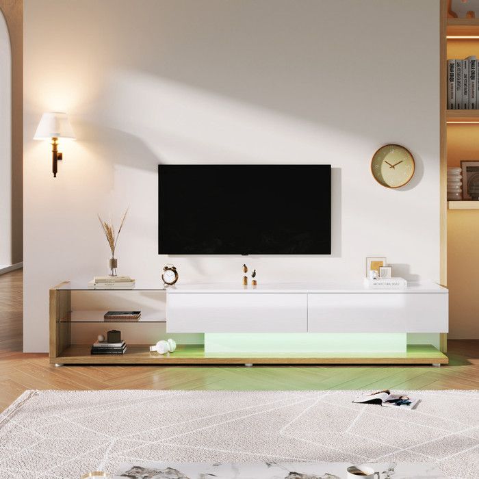 Meuble TV avec Eclairage LED Meuble Tele avec Rangement Ouvert Cloisons en Verre Blanc Brillant 170x36x38cm Blanc+Couleur du Bois